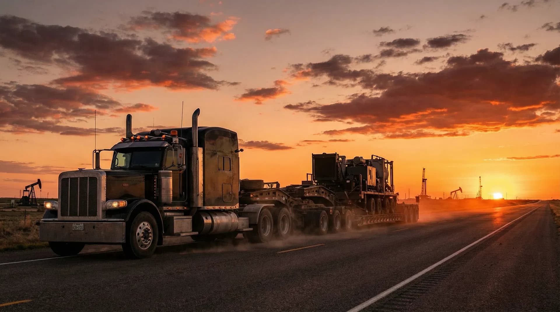Heavy-haul lowboy trailer on Texas highway at sunset